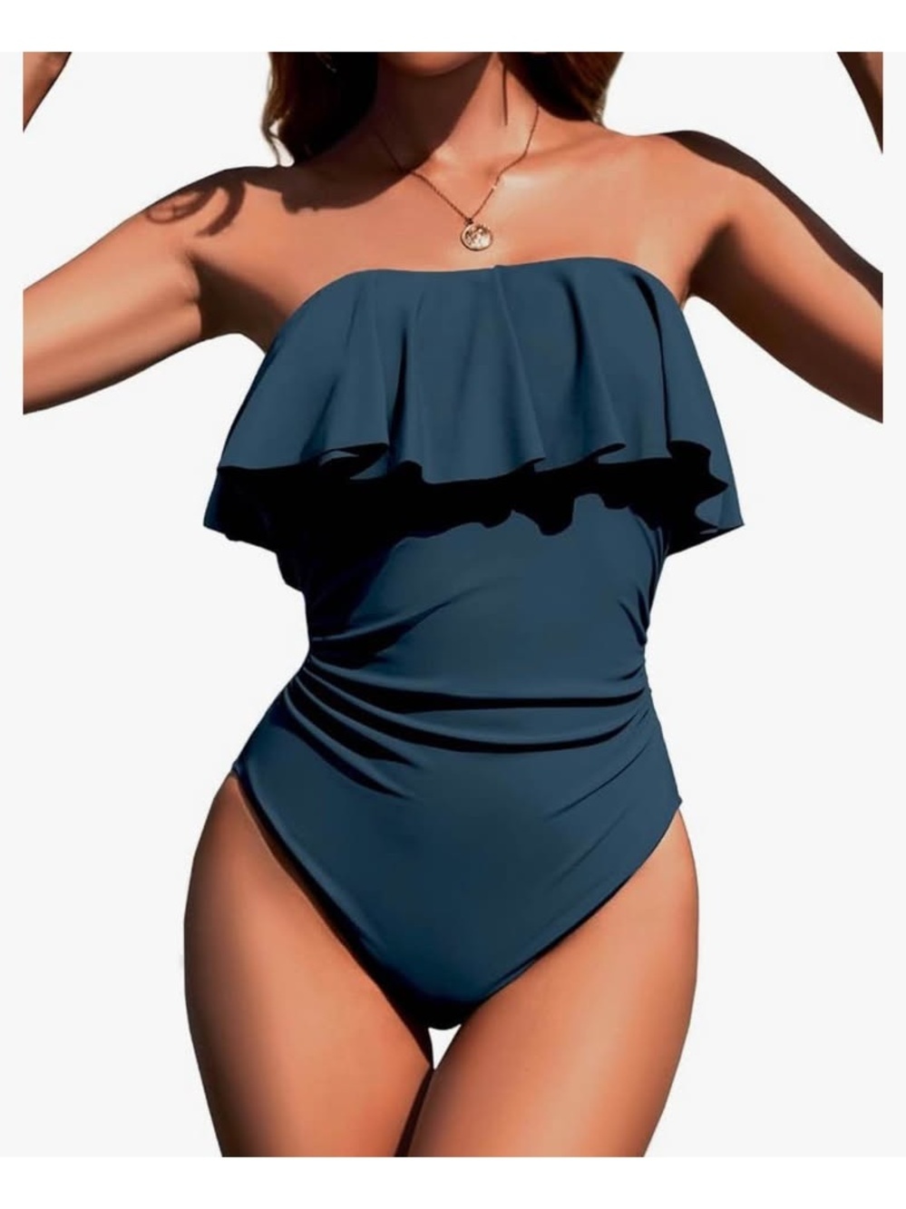 NWT sz L Blue Ruffle Off-the-Shoulder One-Piece Swimsuit